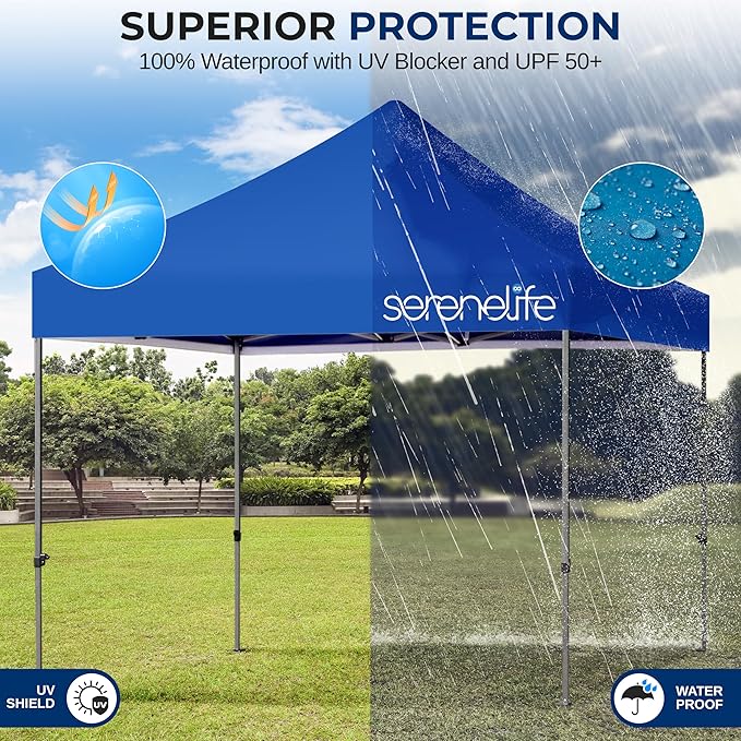 SereneLife 10x10 ft. Outdoor Pop Up Canopy, Instant Shelter, Waterproof Tent with Wheeled Carry Bag and Sand Bags, Foldable and Portable, UV and Weatherproof, Ideal for Outdoor Events (Navy Blue)
