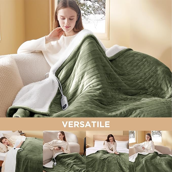 Bedsure Heated Blanket Throw Blanket - Fast Heating Electric Blanket, Soft Flannel Heated Throw with 4 Time Settings, 6 Heating Settings, Warm Gifts for Grandma (50x60 inches, Olive Green)