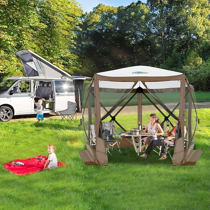 COBIZI 10x10ft Pop up Gazebo Screen House Tent for Camping, Pop-up Camping Canopy with Mesh Windows,Portable Outdoor Quick-Set Hub Tent with Carrying Bag&Ground Stakes,Brown(Upgraded 2.0)