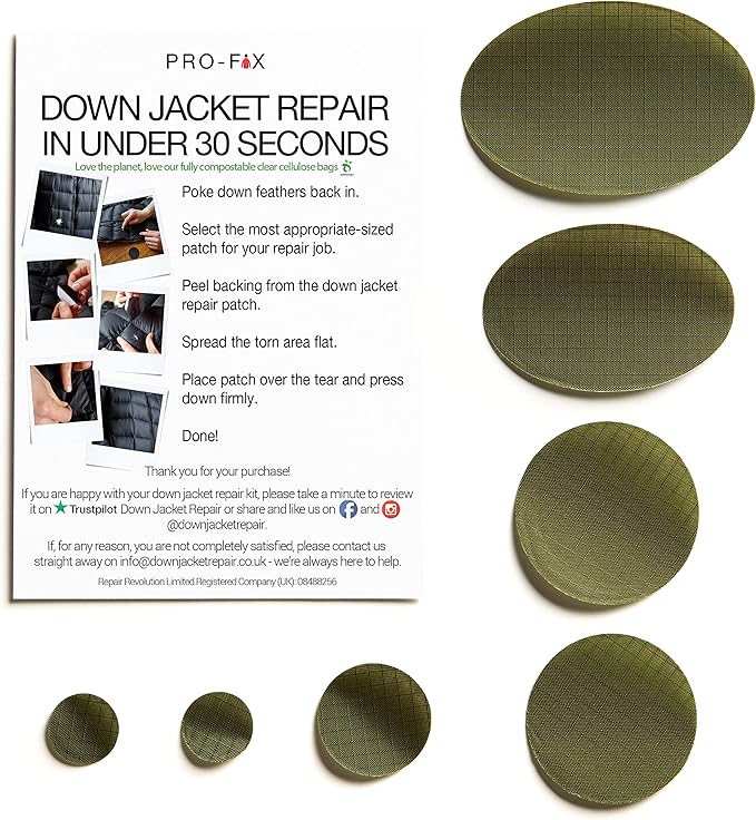Self-Adhesive Waterproof Repair Patch Kit - 30-Second Fix for Down Jackets, Tents, Sleeping Bags, Backpacks, Outdoor and Camping Gear - Pre-Cut Nylon Ripstop Patches, Multiple Colors - Olive Green