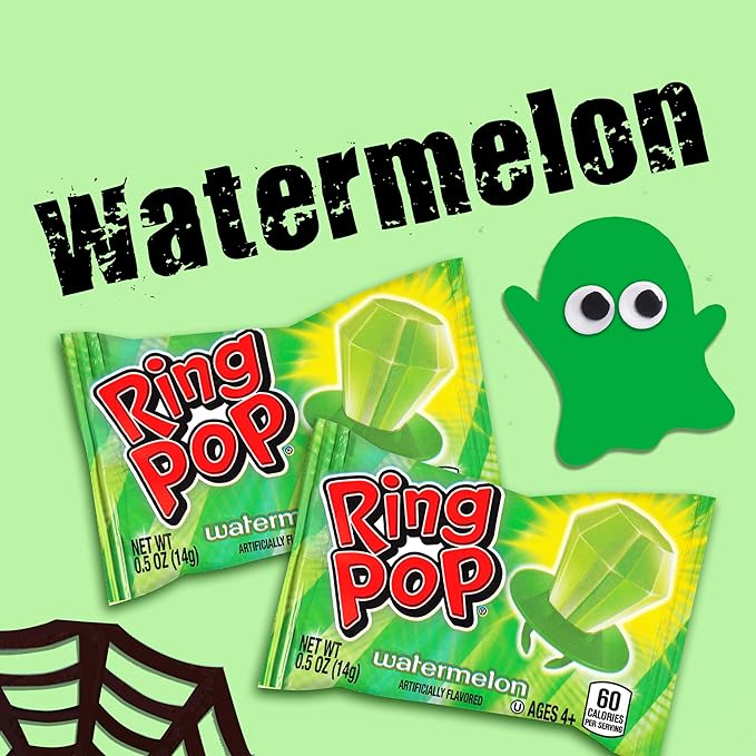 Ring Pop Green Halloween Candy Lollipops, 30Ct Bulk Candy Individually Wrapped in Green Watermelon Flavor, Full Size, Fun Hard Candy For Trick or Treat, Halloween Bowls, Gifts, Party Favors for Kids