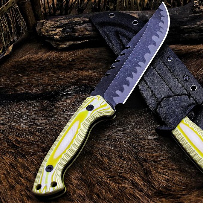 BA-KOR 12.4in Full Tang Fixed Blade Hunting Knife โ 6mm 9CR18MoV Steel, G10 Handle, Stonewashed Sawback Blade with Kydex Sheath & Fire Starter for Outdoor, Camping, Survival (White and yellow stripes)