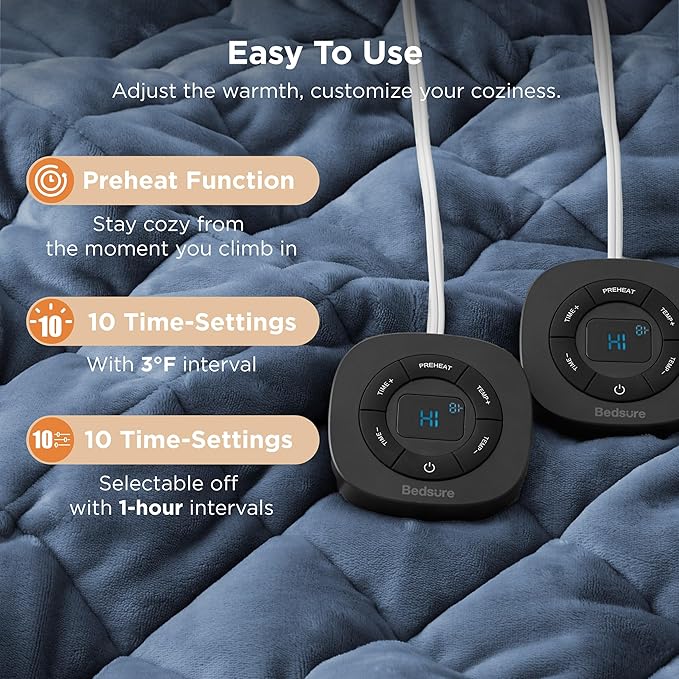 Bedsure Electric Blanket King Size - Dual Control Heated Blanket King with 10 Heat Settings, Thick Heating Blanket with 10 Time Settings, Fast Heating Quilted Blanket (100x90 inches, Bering Sea)