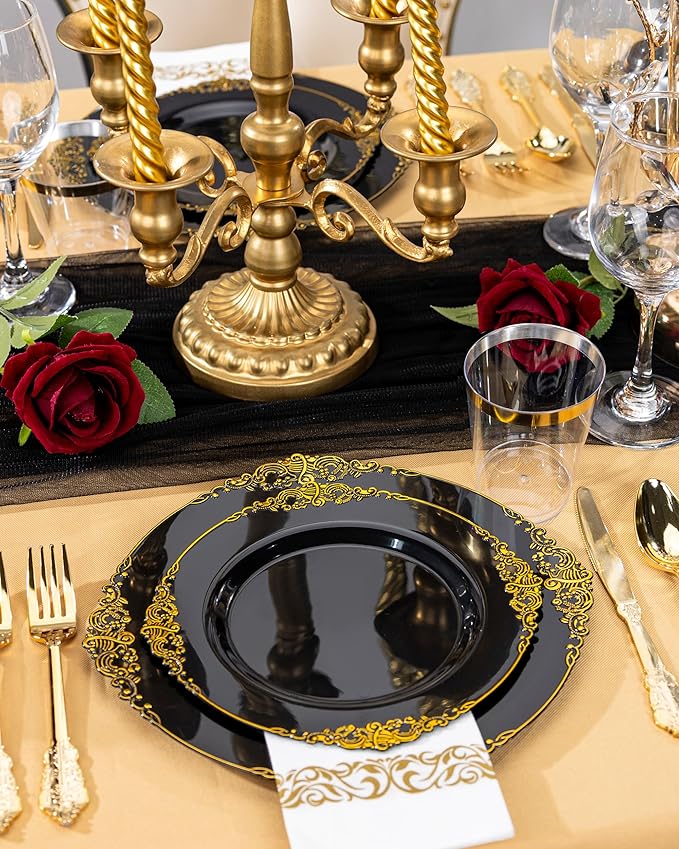 Nervure 100PCS Black Gold Plastic Plates - 7.5 inch Black Plastic Plates with Gold Rim - Disposable Dessert Plates for Wedding & Independence Day & Halloween