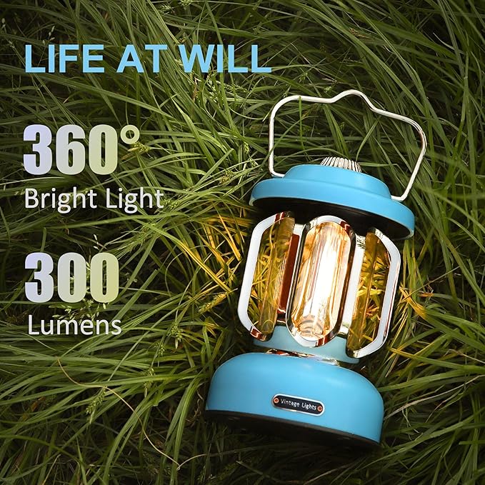 Rechargeable LED Camping Lanterns, 2000mAh Vintage Camping Lights Battery Operated Rechargeable , Hanging Retro Metal Hiking Tent Lamp for Emergency, Hurricane,Decoration,Home,Blue,2 Pack