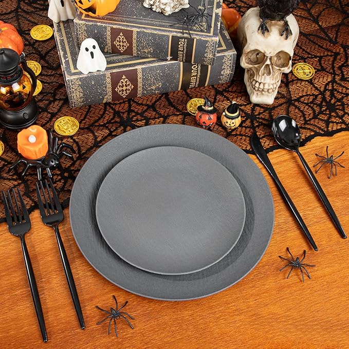 WONDERFUL 32pcs Dark Grey Plastic Plates Reusable Plates Halloween Plates Unbreakable and Dishwasher safe Dishes Set Outdoor Plate Includes:16 Dinner 10" & 16 Dessert Plate 7.3" Suitable for Camping