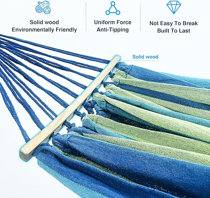 Double Hammock, Heavy Duty Portable, 500 lb Weight Capacity, Perfect for Both Indoors and Outdoors, 2 Person Hammock with Carrying Bag, Wide Blue