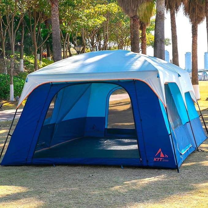 KTT Extra Large Tent 6-10-12-14 Person(A),Family Cabin Tents,2 Rooms,3 Doors and 3 Windows with Mesh,Straight Wall,Waterproof,Double Layer,Big Tent for Outdoor,Picnic,Camping,Family Gathering