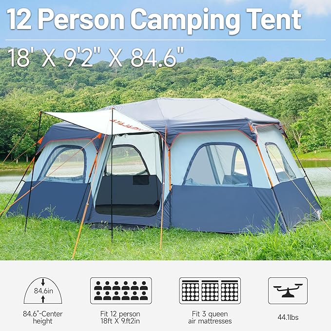 Family Camping Tent for 8-12 People, 2-Minute Instant Setup with 2 Room Dividers, Waterproof Windproof Ventilated, Easy Carry for Outdoor Camping Hiking Picnic