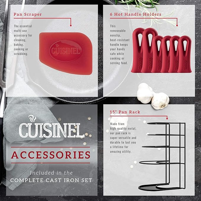 Cuisinel Cast Iron Cookware 18-Piece Set - Pre-Seasoned 6" + 8" + 10" + 12" Skillet + Grill Pan+Lid + Griddle + Pizza Pan + Dutch Oven+Pan Cover + Panrack + Silicone Handle Grips + Pan Scraper/Cleaner