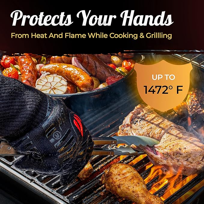 GRILL HEAT AID BBQ Grill Gloves Heat Proof for Grilling โ Fireproof 1472ยฐF Heat-Resistant Grill Mitts for Outdoor Barbecue and Smoker, Campfire, Fire Pit, Oven Glove with Fingers for Baking Pizza