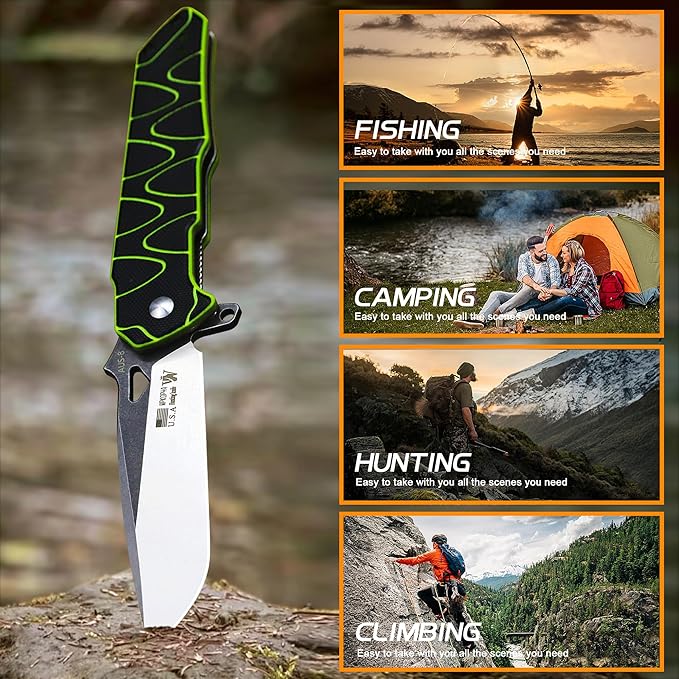 8.4in Folding Knife AUS-8 Steel Blade, G10 Handle with Anti-Slip Texture, Ball Bearing Pivot, Stonewashed Finish, EDC Pocket Knife for Camping, Hiking, Survival (AUS-8 (G10 black/green))