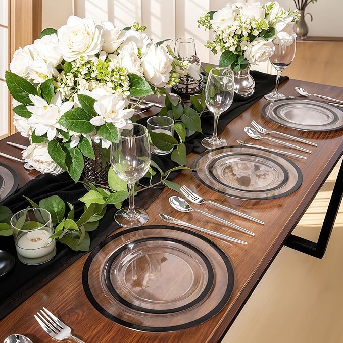 U-QE 200 Pcs Clear and Black Plastic Plates - Black Plates Disposable for Party - Include 100 Dinner 10'' & 100 Dessert 7'', Perfect for Halloween Party & Wedding (Heavyweight)