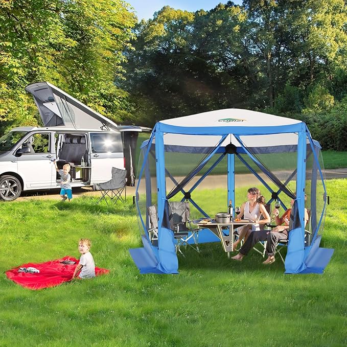 COBIZI 10x10ft Pop up Gazebo Screen House Tent for Camping, Pop-up Camping Canopy with Mesh Windows,Portable Outdoor Quick-Set Hub Tent with Carrying Bag&Ground Stakes,Blue(Upgraded 2.0)