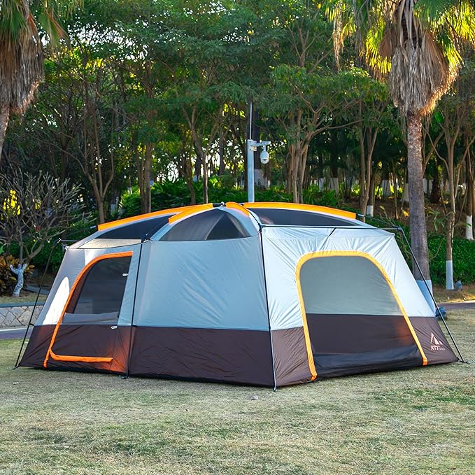 KTT Extra Large Tent 6-10-12-14 Person(A),Family Cabin Tents,2 Rooms,3 Doors and 3 Windows with Mesh,Straight Wall,Waterproof,Double Layer,Big Tent for Outdoor,Picnic,Camping,Family Gathering