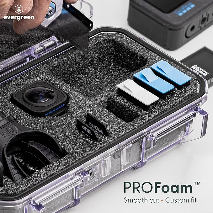 Evergreen ToughBox Tech Organizer – For Camera, Cables, Hard Drives, Compatible with GoPro etc. (Medium, PROFoam, Clear)