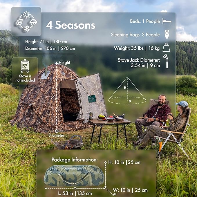 Rbm Outdoors Hot Tent with Stove Jack, Easy Setup 4 Season Winter Tents for Camping, Cold Weather Wall Double Layer Waterproof & Windproof Shelter