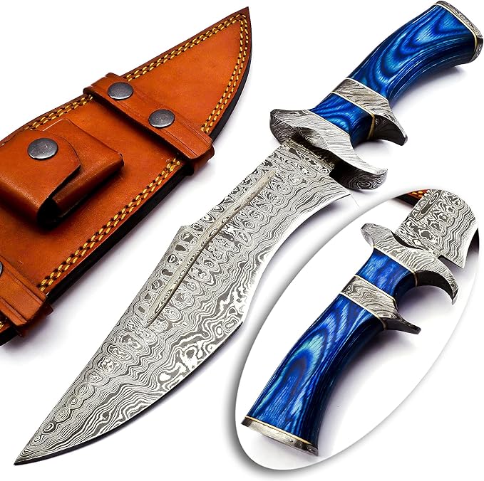 NOORAKI - 15″ Damascus Bowie Knife with Sheath | Hand Made Hunting Knife - Fixed Blade Long Bowie Knives - Ideal for Survival ,Chopping, Camping, Outdoor Gift for Men |Tactical Knife Wood Handle (Blue)