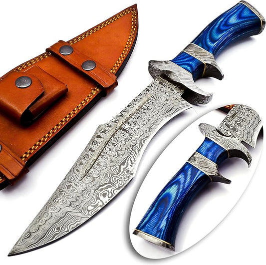 NOORAKI - 15″ Damascus Bowie Knife with Sheath | Hand Made Hunting Knife - Fixed Blade Long Bowie Knives - Ideal for Survival ,Chopping, Camping, Outdoor Gift for Men |Tactical Knife Wood Handle (Blue)