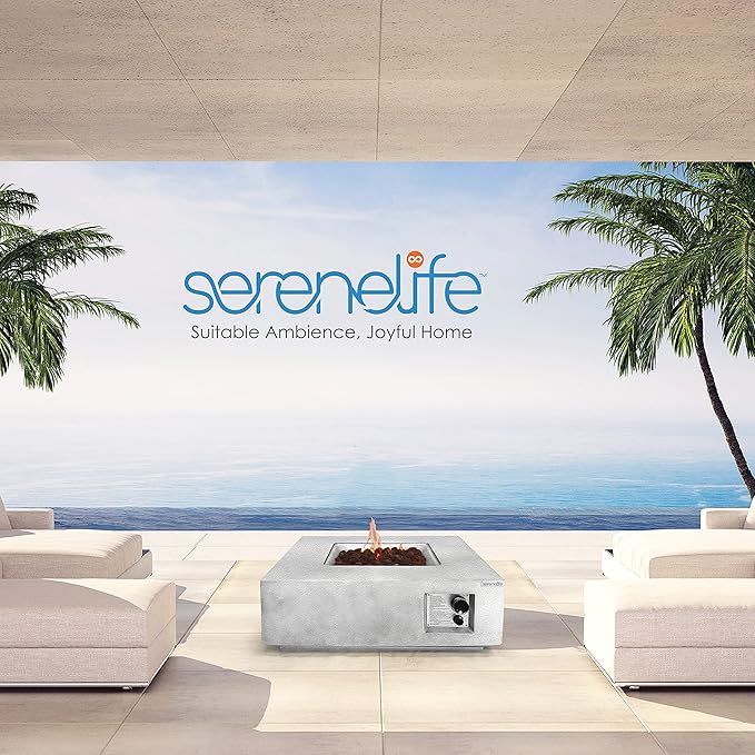 SereneLife Outdoor Propane Fire Pit Table - CSA/ETL Certified Safe 40,000 Pulse Ignition Weatherproof Square Propane Gas Fire Table - Adjustable Flame, Thermocouple - PVC Cover, Lava Rock - SereneLife