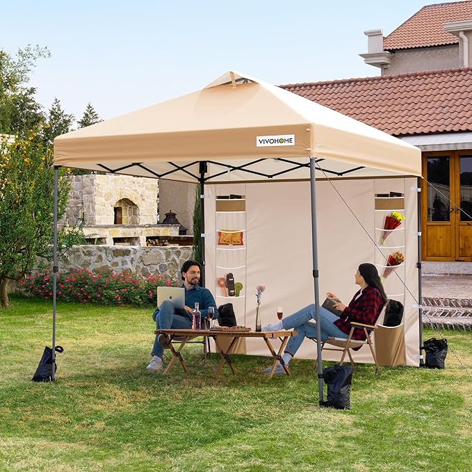 VIVOHOME 8x8ft Pop Up Canopy Tent with Sidewall and 6 Pockets, One Push Setup Outdoor Portable Shelter Tent Heavy Duty with Wheel Carry Bag and 4 Sandbags, Beige