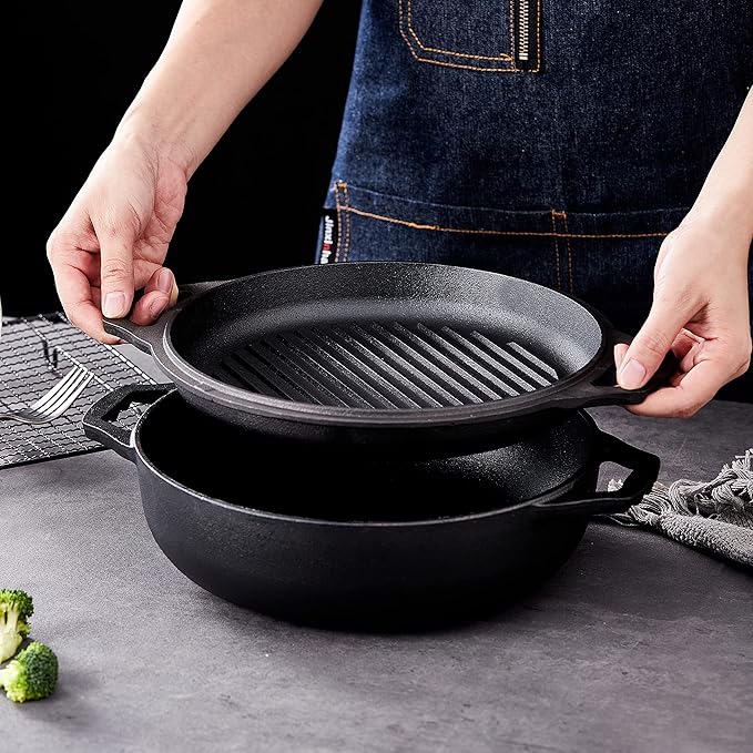 Bruntmor 2-in-1 Pre-Seasoned Cast Iron Dutch Oven with Dual Handles, Cocotte Double Braiser Pan with Grill Lid 3.3 Quarts - BBQ Grill, Fryer - Outdoor Cookware Set with Dual Handles, Camping,- Black