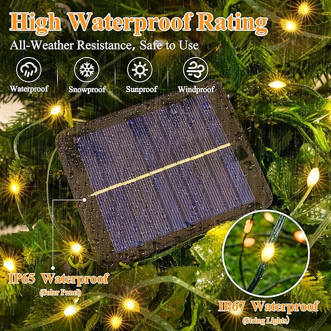 2 Pack Solar String Lights Total 240LED 80FT, IP67 Waterproof String Lights for Outside with 8 Modes, Upgraded Solar Panel Fairy Lights for Garden Party Wedding Decorations (Warm White)