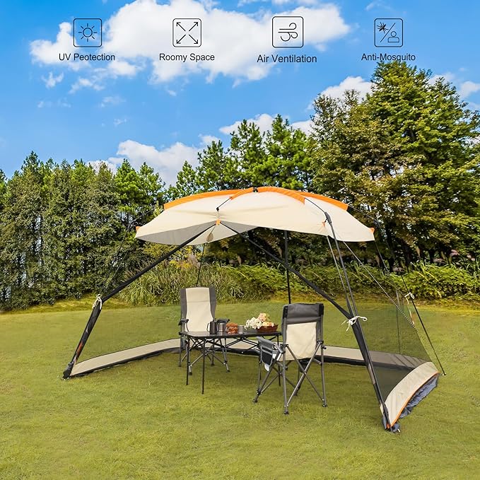 Hyper Venture Screen House 13x9 FT 4 Mesh Walls Canopy Tent Camping Gazebo Shelter for 6-8 People Outdoor Party Activities, Khaki