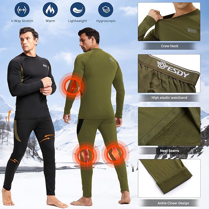 romision 2 Pack Thermal Underwear for Men Long Johns Fleece Lined Hunting Gear Bottom Top Set Base Layer Cold Weather XS-4XL