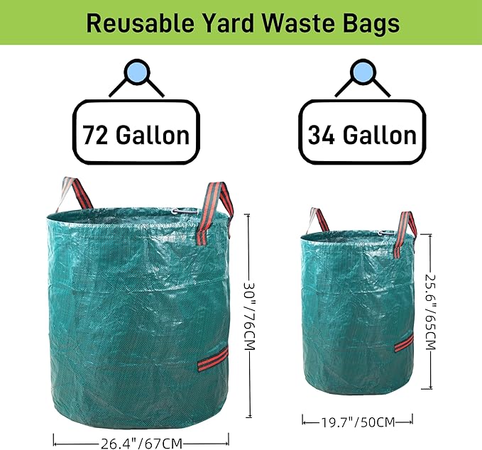 2x72Gallons+1x34Gallons (Free Gloves) Leaf Garden Bags,Reusable Heavy Duty Yard Waste Bag Set,Standable Design and Reinforced 4 Handles for Garden,Lawn,Leaf,Grass,Debris,Camping