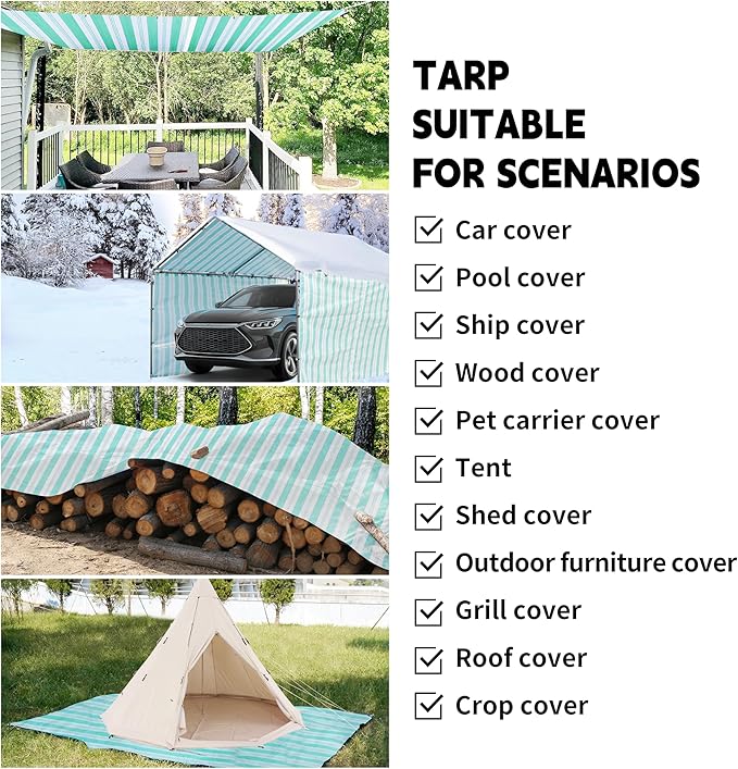 TARPAL Heavy Duty Poly Tarp 12x12 Feet 12mil Striped tarp Multipurpose Protective Cover Durable, Waterproof, Weather Proof, UV,Rip and Tear Proof(Green/White)
