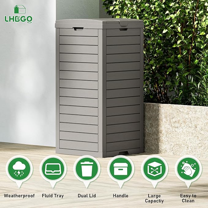 Outdoor Trash Can, 2 Set of 31 Gallon Garbage Can with Tiered Lid and Drip Tray, Waterproof Resin Patio Waste Bin for Garden, Backyard, Deck
