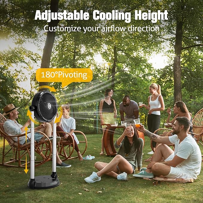 KITWLEMEN 40000mAh Battery Operated Fan - 12" Rechargeable Floor Fan, 4 Speeds, 65Hrs Cooling, 34.6" Height Adjustable, 12V Output Cordless Fan, Portable for Camping, Travel, Hurricane, Power Outage
