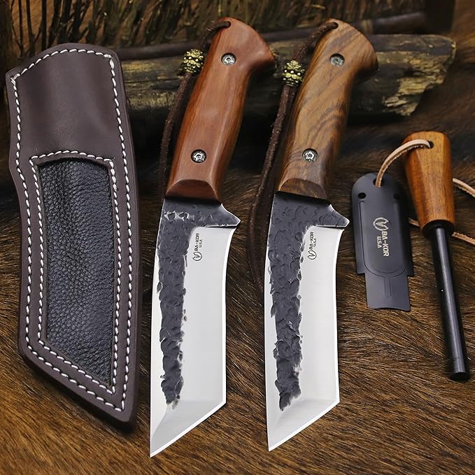 BA-KOR Yellow pear wood handle 5mm 9CR18MOV steel (9.8IN) full Tang forged fixed knife + sheath & (5.9IN) iron ceric igniter, suitable for outdoor camping, tactical survival, EDC, hunting knife