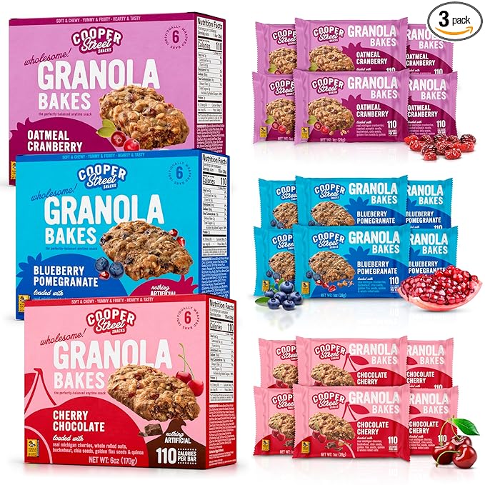 Cooper Street Granola Bakes - Soft and Chewy Breakfast Granola Bars Variety Pack (18 Count) - Perfect Snack for Kids, School, Work, Hiking & On-the-Go