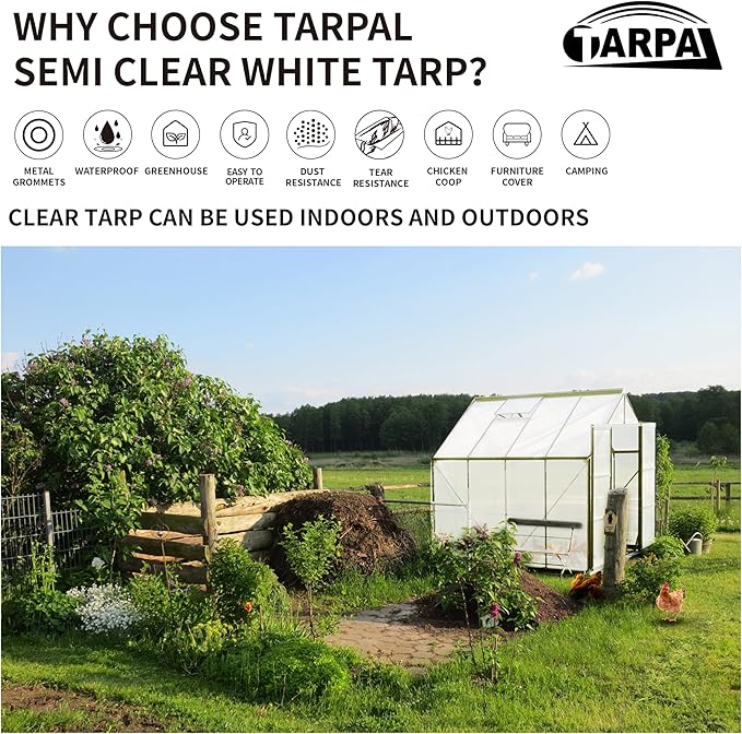 TARPAL 16'x16' Semi Clear White Tarp Waterproof Green House Cover with Grommets 7.5mil Clear Poly tarps for Gardening,Farm, Garden,Chicken Coops,Outdoor