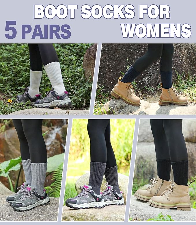 DYW Womens Merino Wool Hiking Socks Thermal Warm Winter Boot Crew Socks Cushion Work Walking Gift Socks 5 Pairs