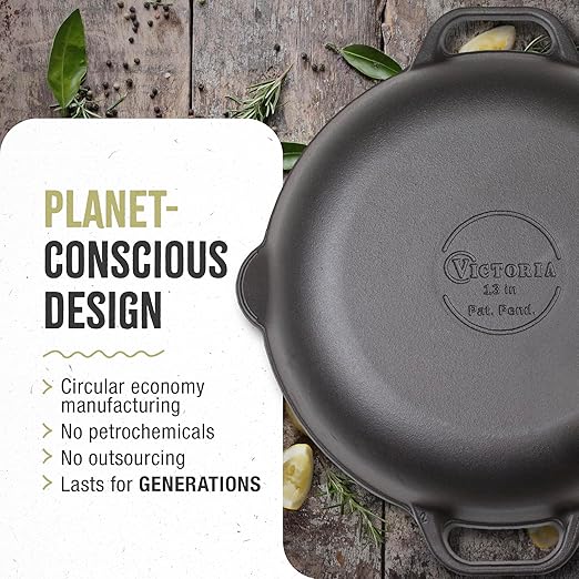Victoria 13-Inch Cast Iron Skillet, Pre-Seasoned Cast Iron Frying Pan with Loop Handle, Made in Colombia