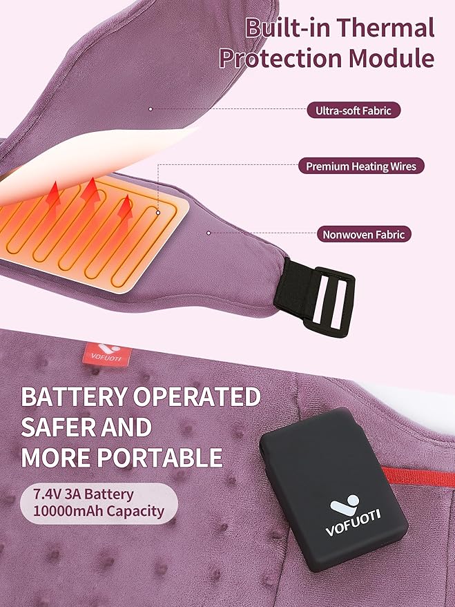 Vofuoti Cordless Heating Pad, Portable Heated Pad with Battery and 3 Heat Settings, Rechargeable Electric Heating Pads for Back, Abdomen, Gifts for Women Men (Purple, 8"x22")