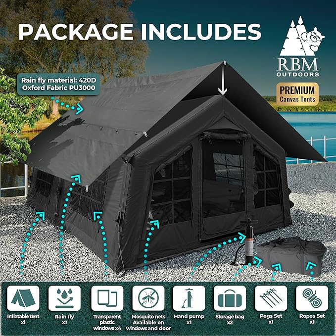 Coody | Rbm Outdoors Koala/Hub/Octopus Inflatable Tents for Camping with Stove Jack, 2/8/10 Person Luxury Canvas Blow Up Tent, 2 Room, Easy Setup Casa de Campaña, Large Inflatable House with Pump