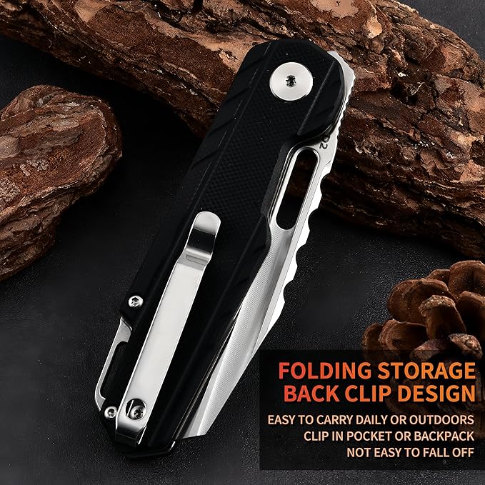 Folding pocket knife, 3.34-inch D2 steel blade, carbon fiber handle EDC knife, with pocket clip, suitable for daily carrying, camping, hiking, fishing for men and women A-80003-1 (Black)
