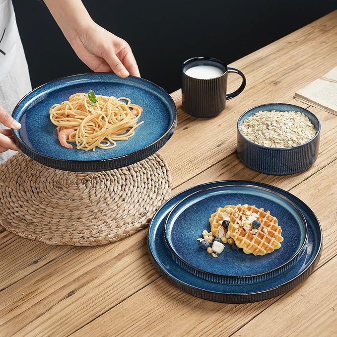 famiware Star Salad Plates for 6, 8 inches Plate Set, Stoneware Dinnerware, Small Dinner Plates for Dessert, Salad, Appetizer, Nebulas Blue