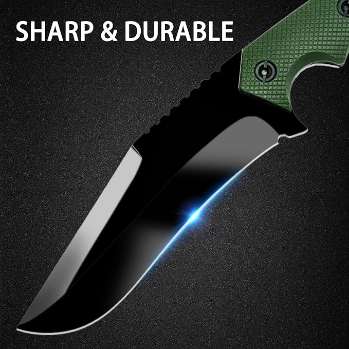 Fixed Blade Survival Knife with K Sheath – 5Cr13MoV Steel Tactical Outdoor Tool with Fire Starter, Compass, Whistle & LED – 10.8" Full Tang Bushcraft Knife for Camping, Hunting, EDC