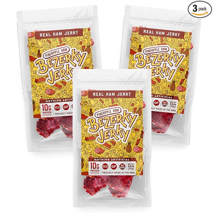 Bezerky Jerky Authentic American Ham, Keto-Friendly, Made with Premium Meat, Pineapple Jerky, All-Natural, Non-GMO & Gluten-Free, On the Go High Protein Snack, 3.3 Oz (Pack of 3)