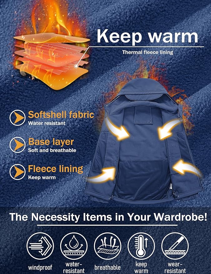MAGCOMSEN Men's Tactical Jacket 7 Pockets Performance Fleece Lined Water Resistant Ski Snow Soft Shell Winter Coats