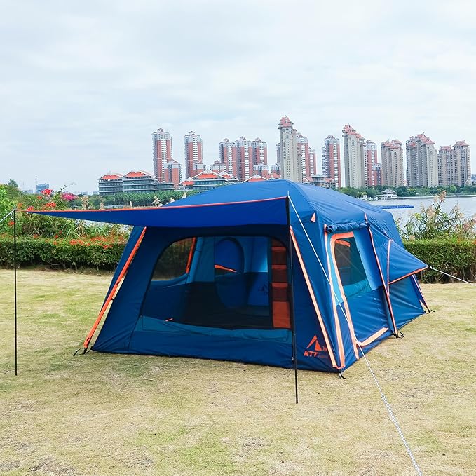 KTT Extra Large Tent 10-12-14 Person(B),Family Cabin Tents,2 Rooms,3 Doors and 3 Windows with Mesh,Straight Wall,Waterproof,Double Layer,Big Tent for Outdoor,Picnic,Camping,Family Gathering