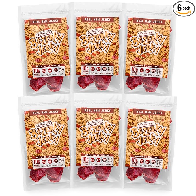 Authentic American Ham | Premium Jerky | All Natural Snacks | Keto-Friendly | Small Batch Handcrafted | High Protein Food | Non-GMO | Low Carbs | Old Fashioned Recipe | Bezerky Jerky | 3.3 Oz (Pack of 6)