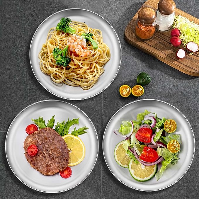 Homikit Stainless Steel Kids Plates Set of 4, 8 Inch 304 Metal Dinner Plates for Kids Toddler Children, 4-Piece 18/8 Non Toxic Dinner Dishes Set for Serving Camping, Dishwasher Safe & Reusable