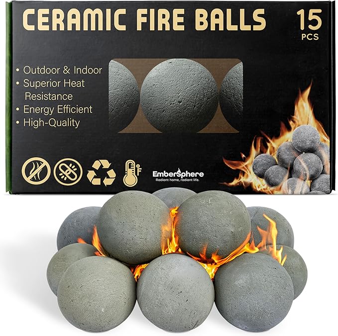 Ceramic Fire Balls Set of 15 – 3" Spheres for Gas Fireplaces and Fire Pits, Heat-Resistant Indoor Outdoor Fireplace Accessories