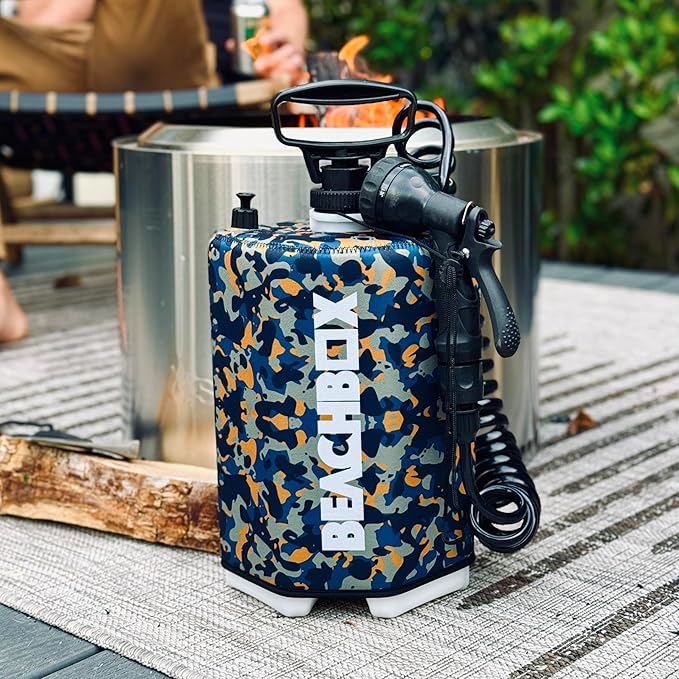 BeachBox Portable Shower Tank β Insulated Hot & Cold Water Tank for Camping, Beach, & Outdoor Adventures β 1.3 Gal Capacity β Multi-Spray Shower Gun β Easy Fill & Carry
